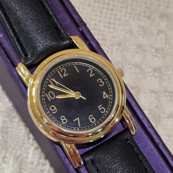 Gold Round Watch Black Face Gold Hands Black Faux Leather Band Unisex Mens Watch - Picture 1 of 14
